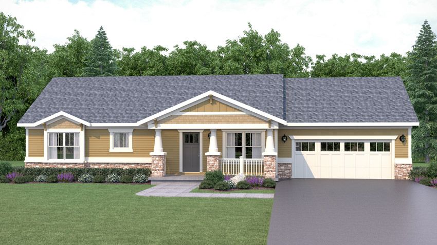 Exterior rendering of Hickory floor plan in the Craftsman Exterior Style. 2 beds, 2 baths.